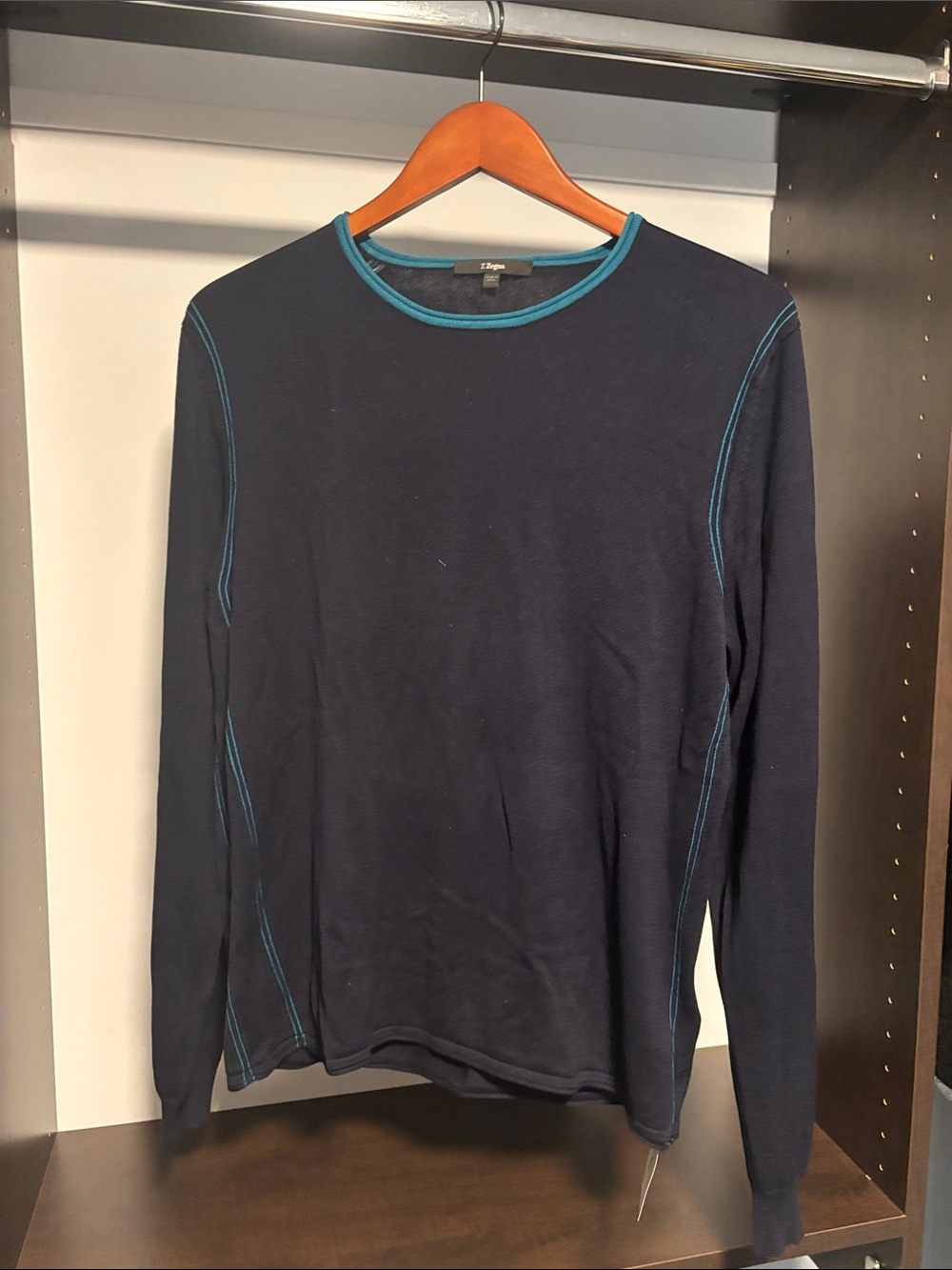 Z Zegna Men's Silk/Cotton Navy Long-Sleeve Crewneck with Teal Trim